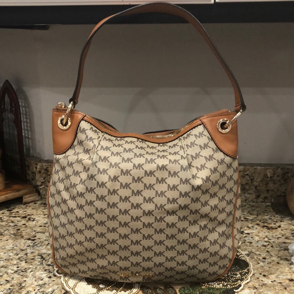 Michael Kors Beige/Tan MK Logo Shoulder Bag